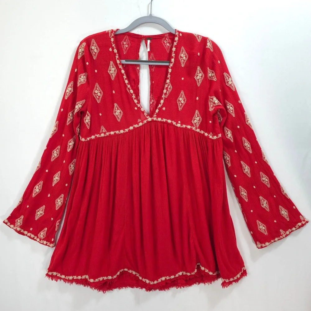 Free People Red Embroidered Boho Tunic Dress Mini Bell Sleeve S Babydoll Chic